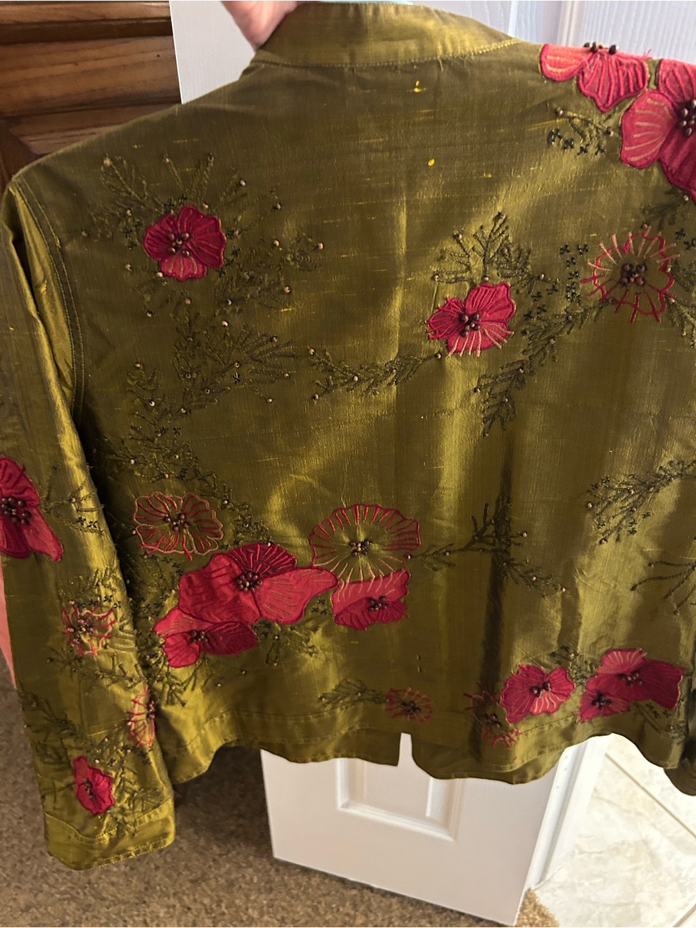 Chico's Olive Green Jacket with Pink Floral Embroidery - Picture 3 of 5